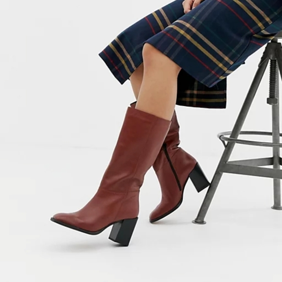 Asos Clara leather made in Italy mid calf block heel square boot free people dup - Picture 3 of 10